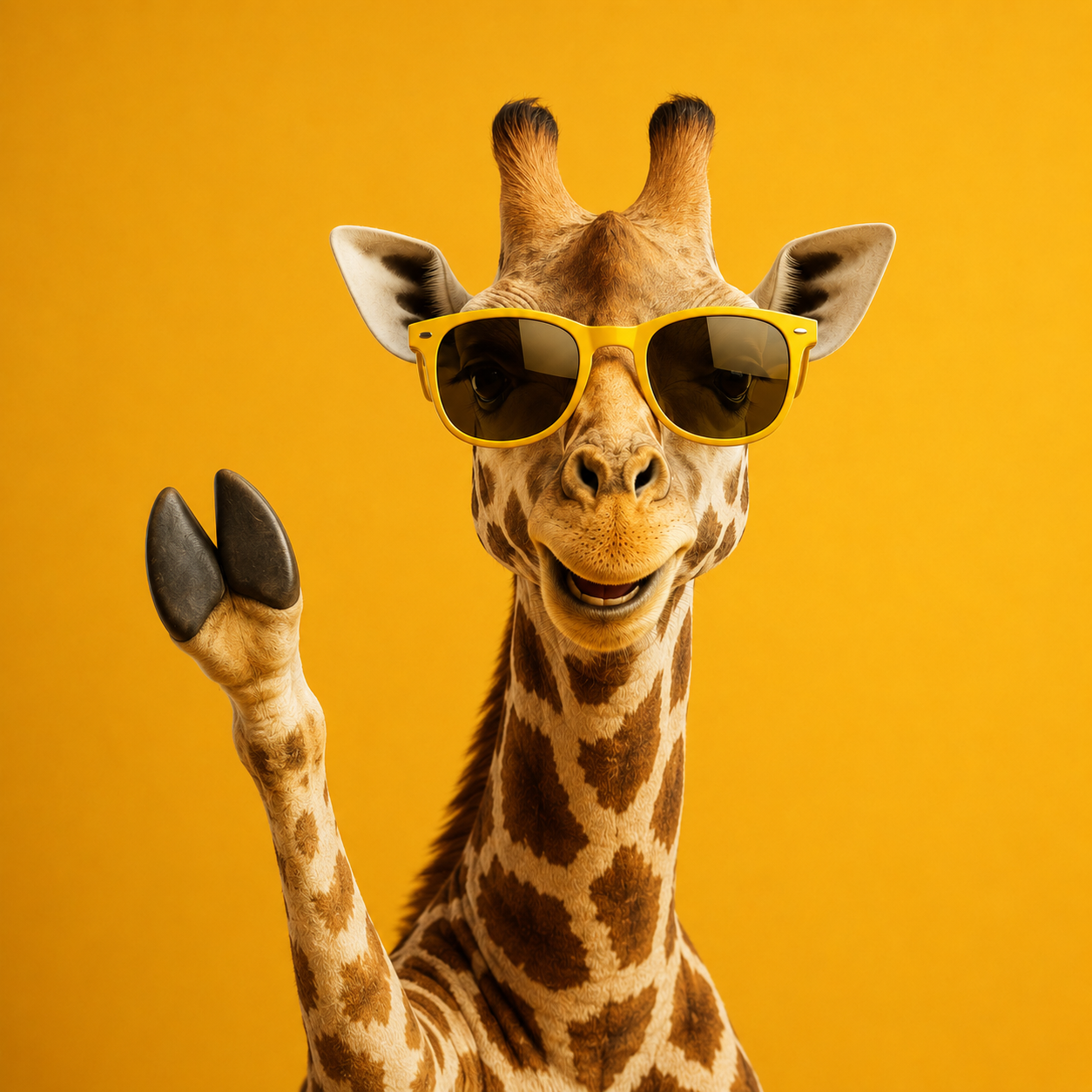 Tziraf giraffe mascot waving with sunglasses